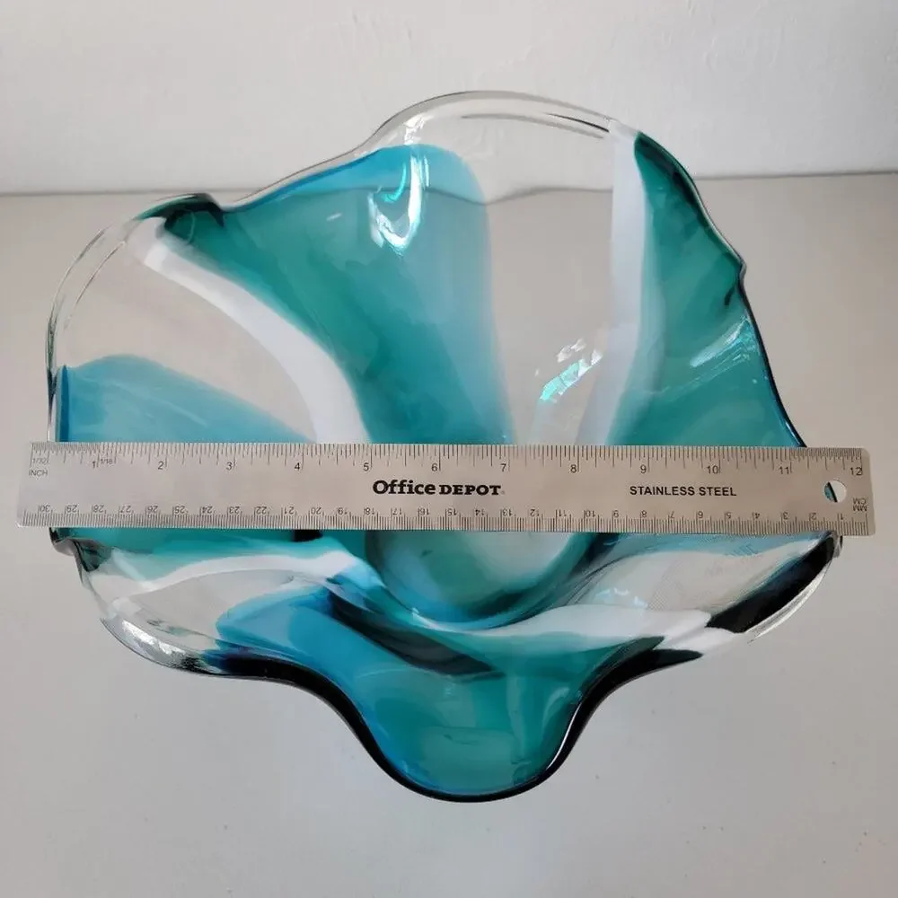 Hand Blown Glass Vase Bowl Turquoise White Clear Handkerchief Flair Home Decor